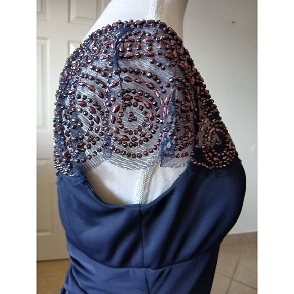 XSCAPE Womens Dress Dark Blue Navy part Riches beaded Zipper‎ Size 14 Cocktail - Picture 8 of 16